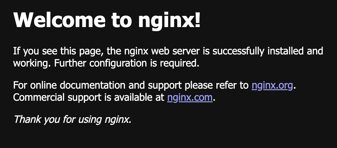 Screenshot of the default Nginx welcome page indicating successful installation of the Nginx web server, with instructions for further configuration and links to online documentation and support.