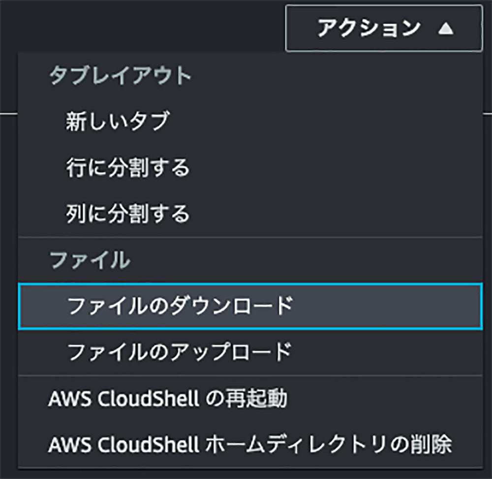 Screenshot of the AWS CloudShell action menu displayed in Japanese, showing options for tab layout, file download, file upload, CloudShell restart, and home directory deletion.