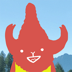 Illustration of a whimsical red cartoon creature with horns by Mizuki Ugajin, set against an outdoor background with trees and mountains.