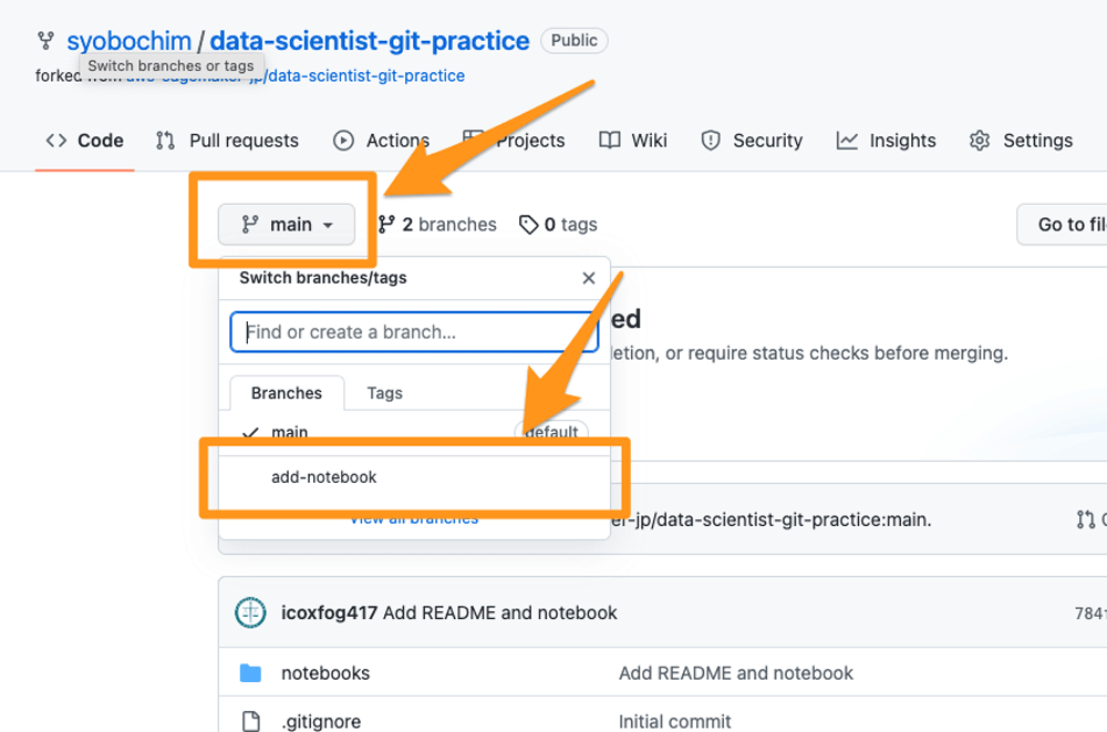 Screenshot demonstrating how to switch branches in a GitHub repository, specifically showing the creation and selection of the 'add-notebook' branch from the main branch in a data scientist git practice project.
