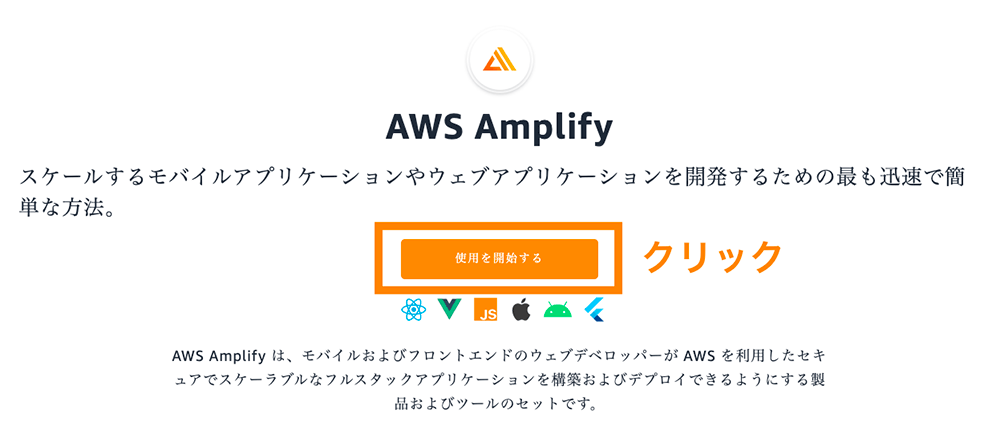 Screenshot of a Japanese AWS Amplify documentation page, showing instructions for quickly and easily starting to develop scalable mobile or web applications, with a highlighted button and technology logos.
