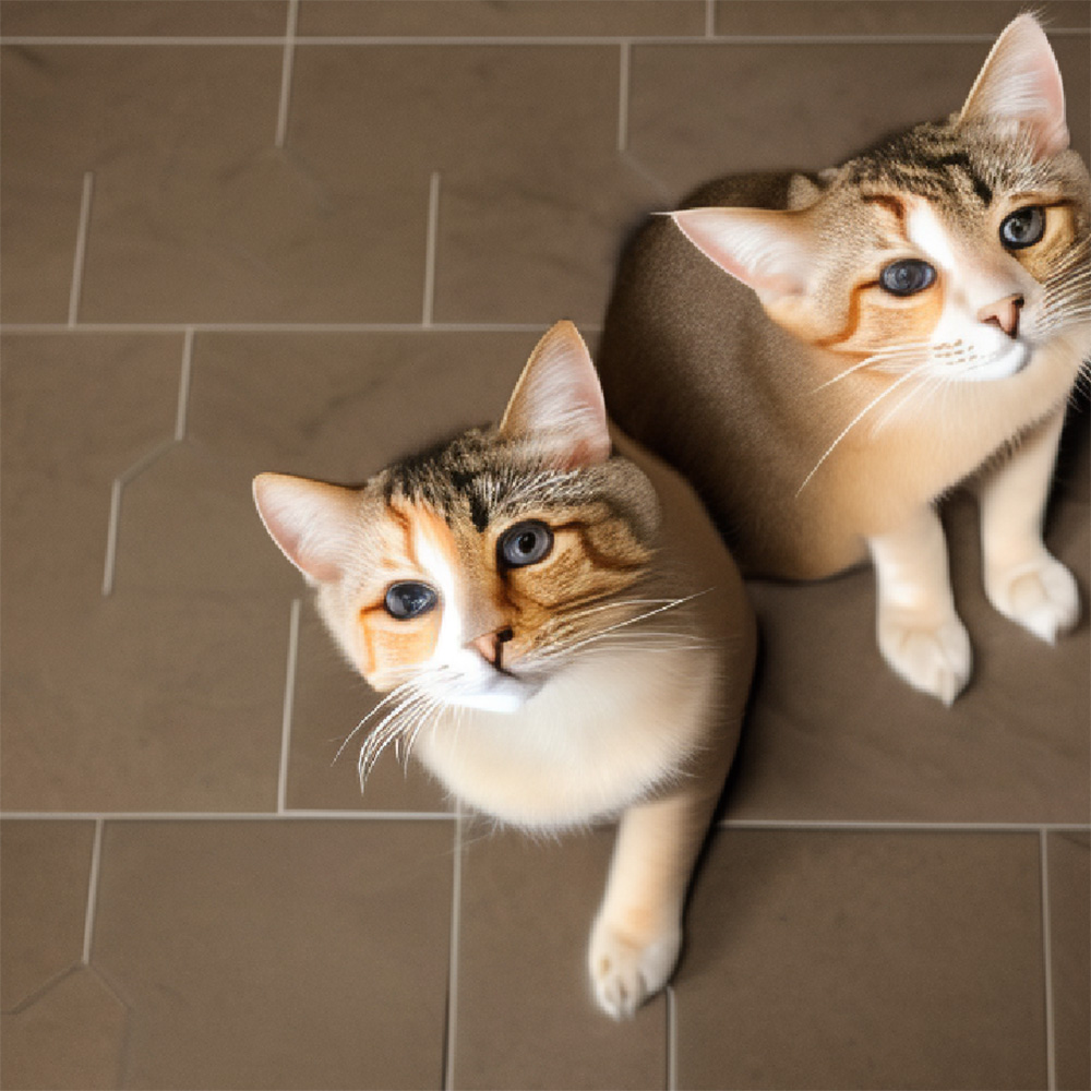 Two cats sitting on a tiled floor, looking up toward the camera.