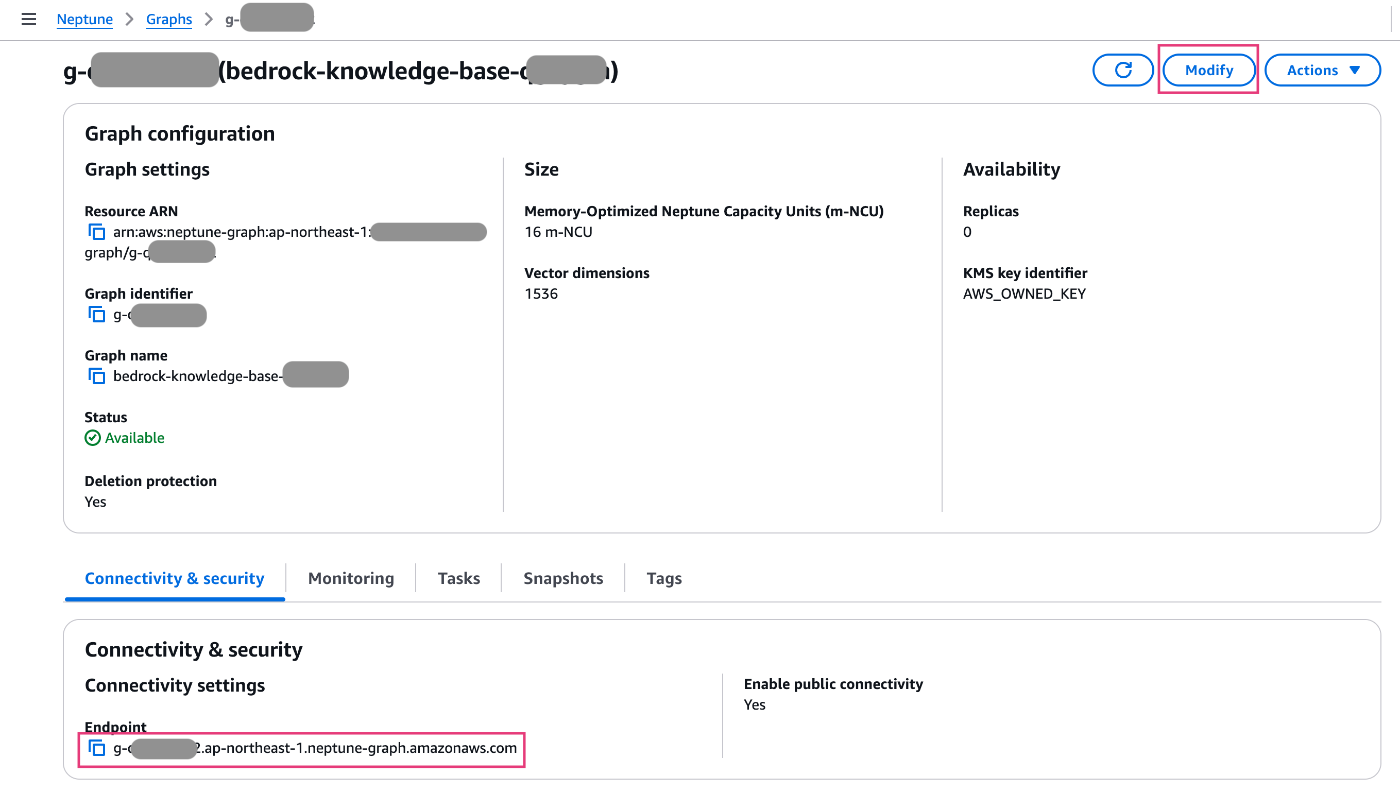 Screenshot of the AWS Neptune Graph configuration page for a Bedrock knowledge base, showing graph settings, size, availability, and connectivity & security endpoint information in the AWS Management Console.