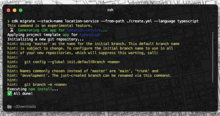 Screenshot of a terminal window showing the output of migrating an AWS CDK stack using TypeScript, including initialization messages, hints for branch naming, and a successful npm install message.