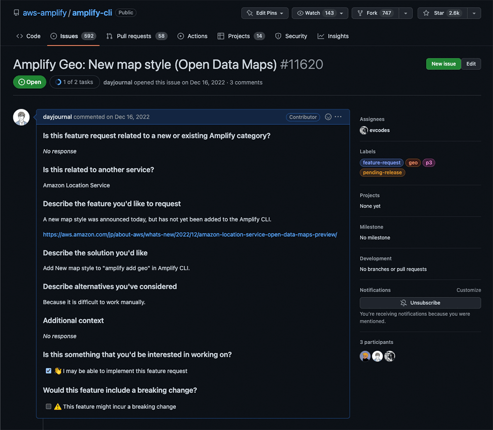 Screenshot of a GitHub issue titled 'Amplify Geo: New map style (Open Data Maps) #11620' in the aws-amplify/amplify-cli repository. The issue discusses the request to add a new map style related to Amazon Location Service to the Amplify CLI, including a feature description, possible solutions, and labels such as feature-request, geo, and pending-release.