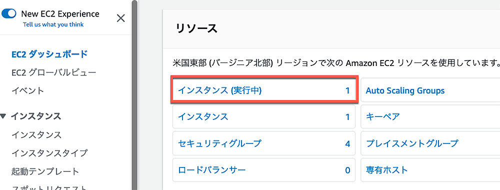Screenshot of the AWS EC2 dashboard in Japanese, showing an EC2 instance in a running state highlighted in the resources panel.