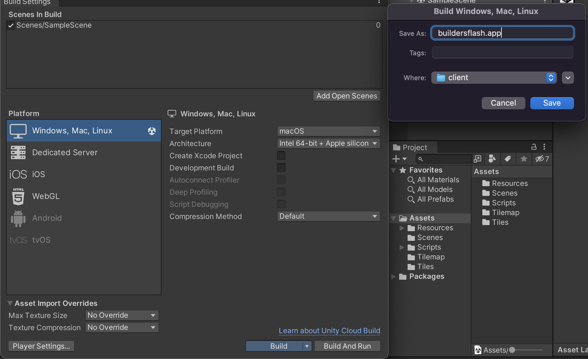 Screenshot of Unity Editor showing Build Settings for Windows, Mac, Linux platform on macOS, with a save dialog open to name the output application.