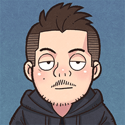 A cartoon-style avatar illustration of a person with short dark hair, a mustache, and casual clothing on a blue background.