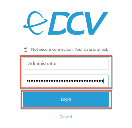 Screenshot of the NICE DCV login screen displaying a warning message stating 'Not secure connection. Your data is at risk,' with fields for username, password, and a login button highlighted.