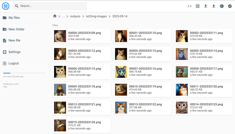 Screenshot of the Stable Diffusion web UI file browser displaying multiple generated cat images as PNG files in a directory list.