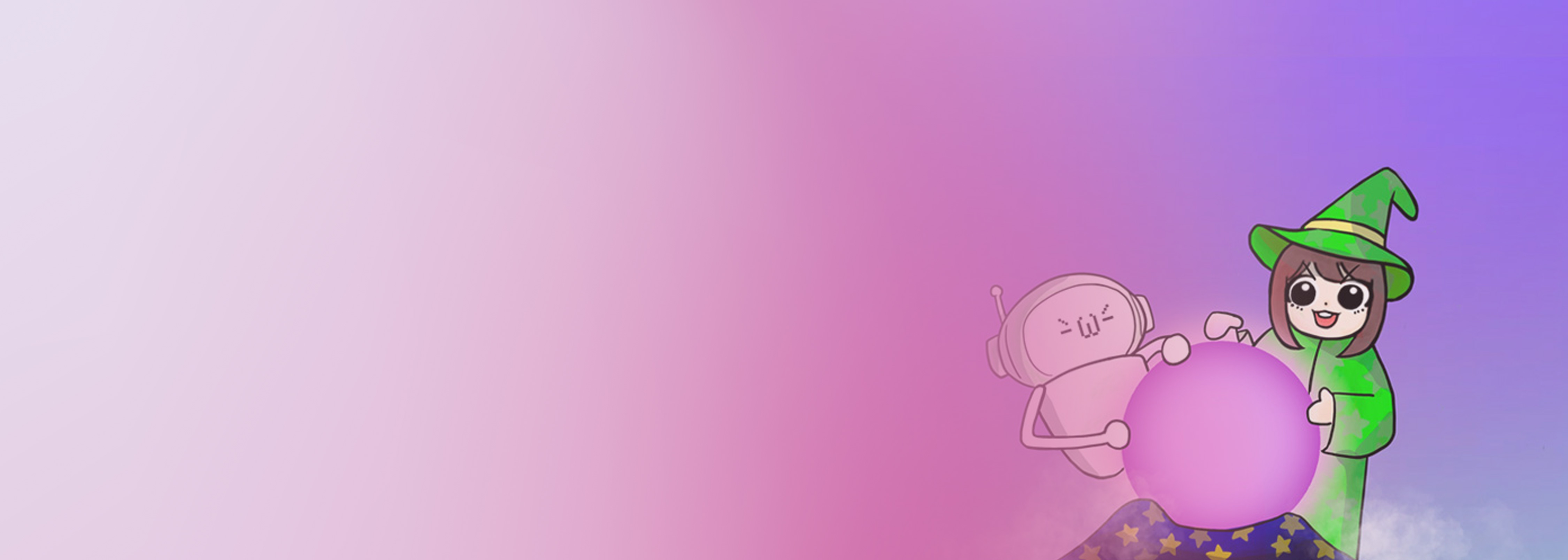 Illustration of a cartoon robot and a character dressed as a wizard with a crystal ball on a purple background, representing forecasting dormant users in games.