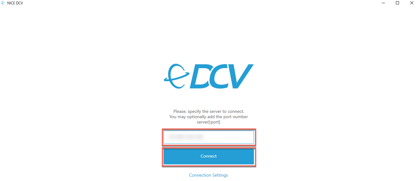 Screenshot of the NICE DCV login screen showing the server connection input field and Connect button, used to specify the server and initiate a remote desktop session.
