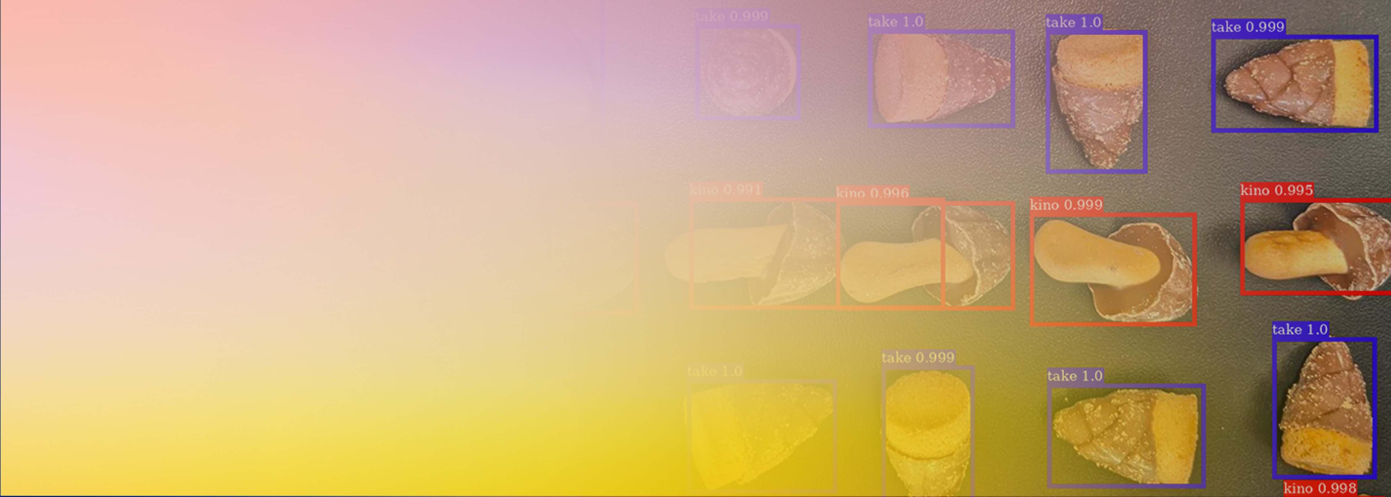 Image showing Kinoko and Takenoko chocolate snacks detected and labeled by an object detection model using Amazon SageMaker. The snacks are outlined with colored bounding boxes and confidence scores, with a pastel gradient background on the left side of the image.
