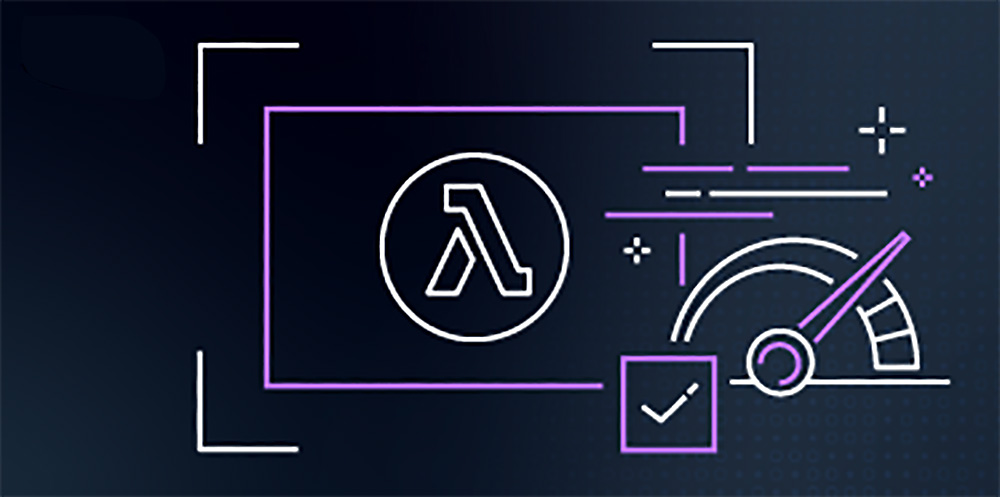 Illustration representing AWS Lambda burst resistance performance, featuring the Lambda logo, a performance gauge, and design elements signifying speed and reliability.