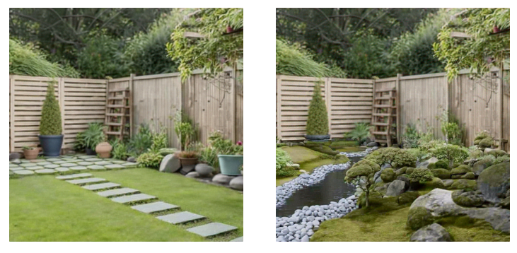 Side-by-side images showing a backyard garden before and after a transformation to a Japanese style, featuring stone paths, a pond, rocks, and moss landscaping.
