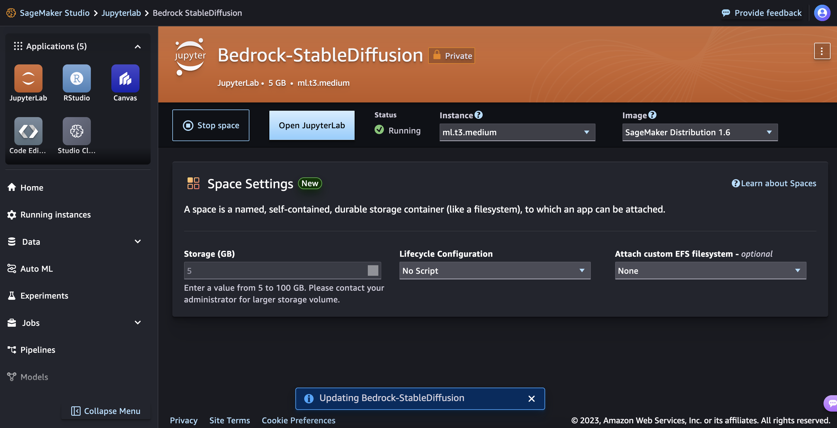 Screenshot of the SageMaker Studio interface showing the Bedrock StableDiffusion JupyterLab space settings, with options for storage, lifecycle configuration, and EFS filesystem attachment.