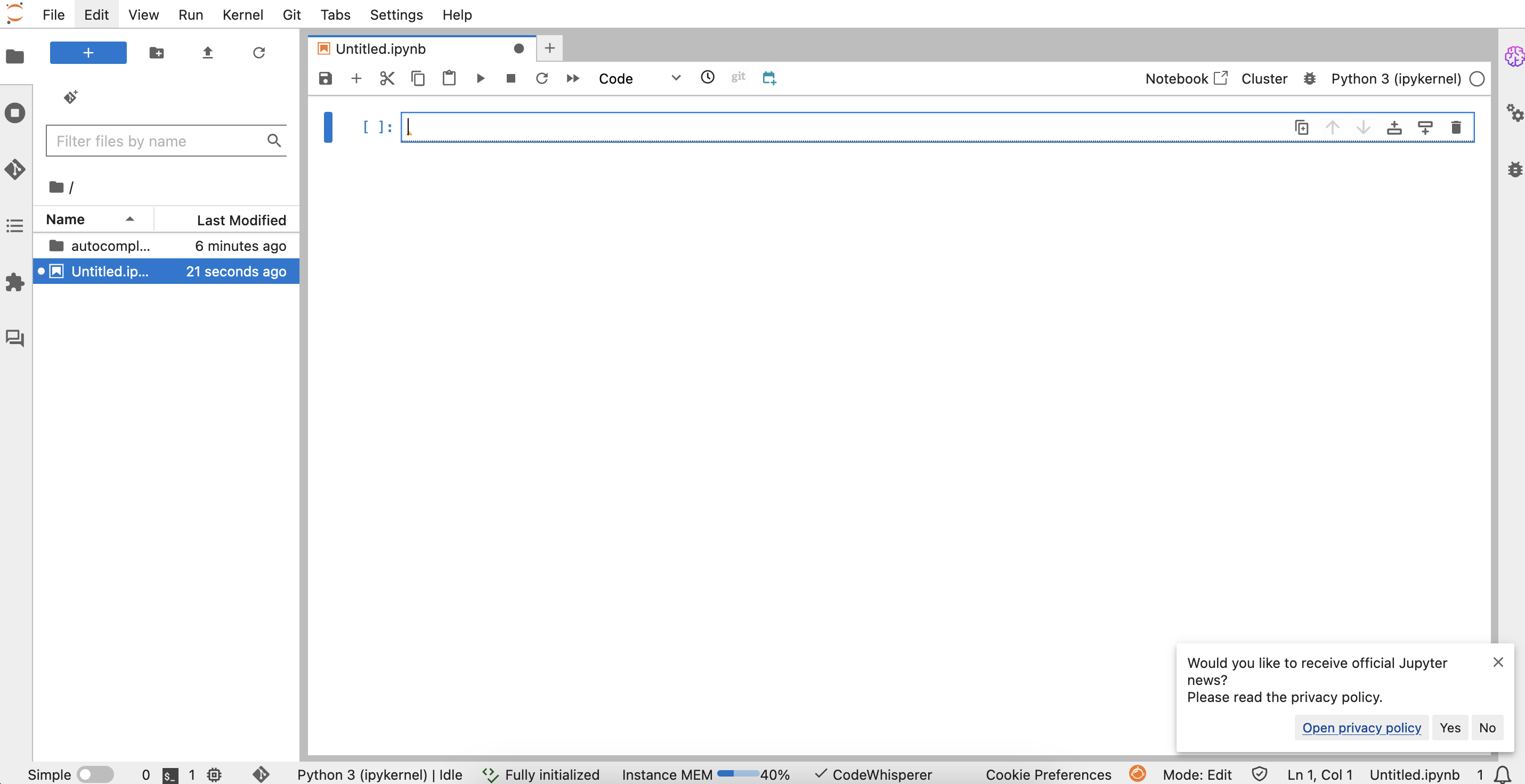 Screenshot of the JupyterLab interface showing a new Python 3 notebook with an empty code cell and a file browser on the left side.