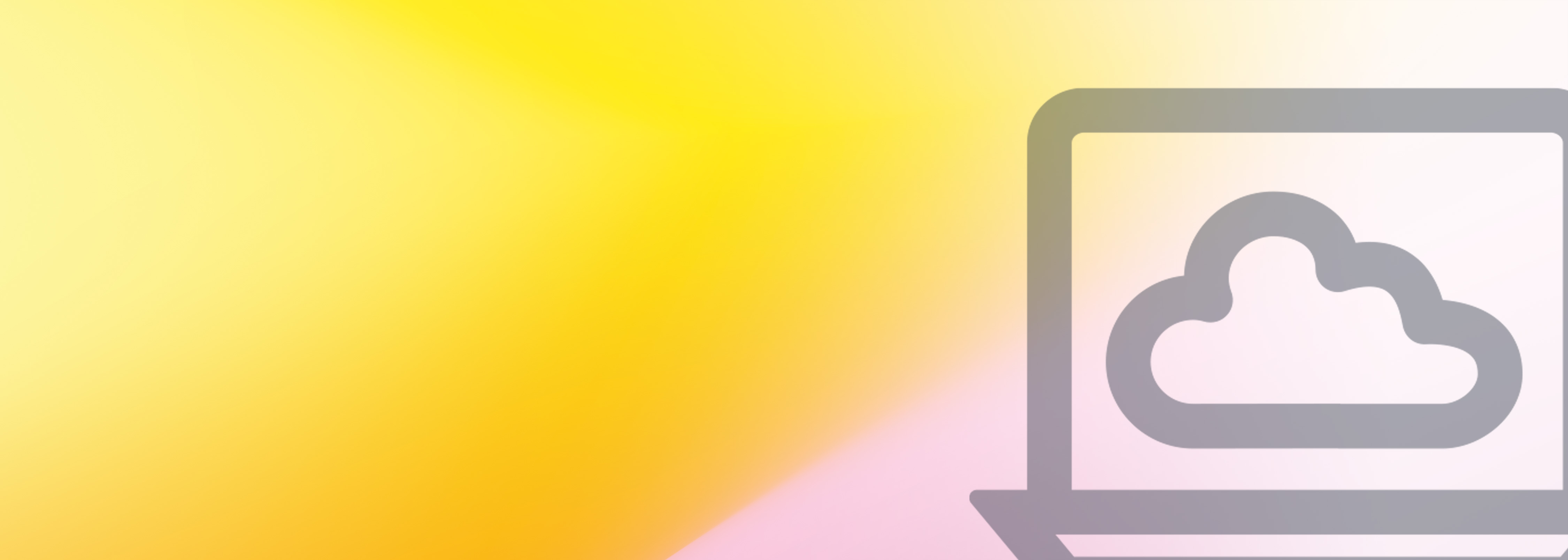 A stylized cloud computing icon displayed on a laptop screen in the right corner, set against a yellow gradient background.