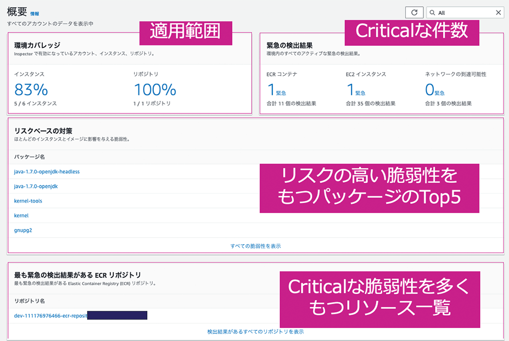 AWS Inspectorの脆弱性ダッシュボードのスクリーンショット（日本語インターフェース）。適用範囲、Criticalな件数、リスクの高い脆弱性を持つパッケージのTop5やリソース一覧が表示されています。