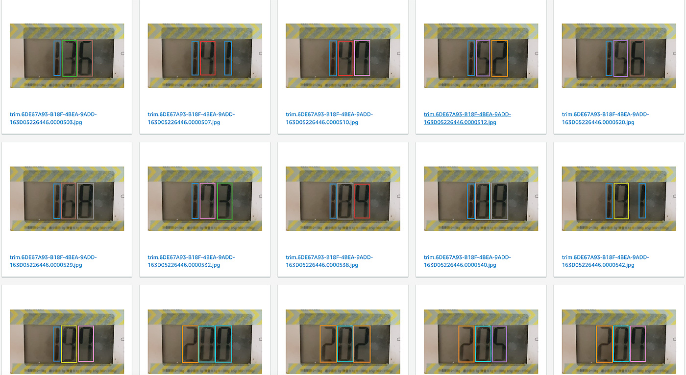 A sample grid of images showing segmented digital display readings from an AI coffee maker dataset. Each image features a coffee maker's digital display with colored bounding boxes highlighting the digits, used for computer vision or machine learning annotation and analysis purposes.
