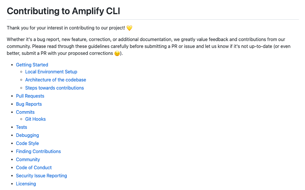 Screenshot of the 'Contributing to Amplify CLI' guidelines overview, displaying a list of topics and best practices for community contributions, including getting started, pull requests, bug reports, commits, testing, debugging, code style, community guidelines, and licensing information.