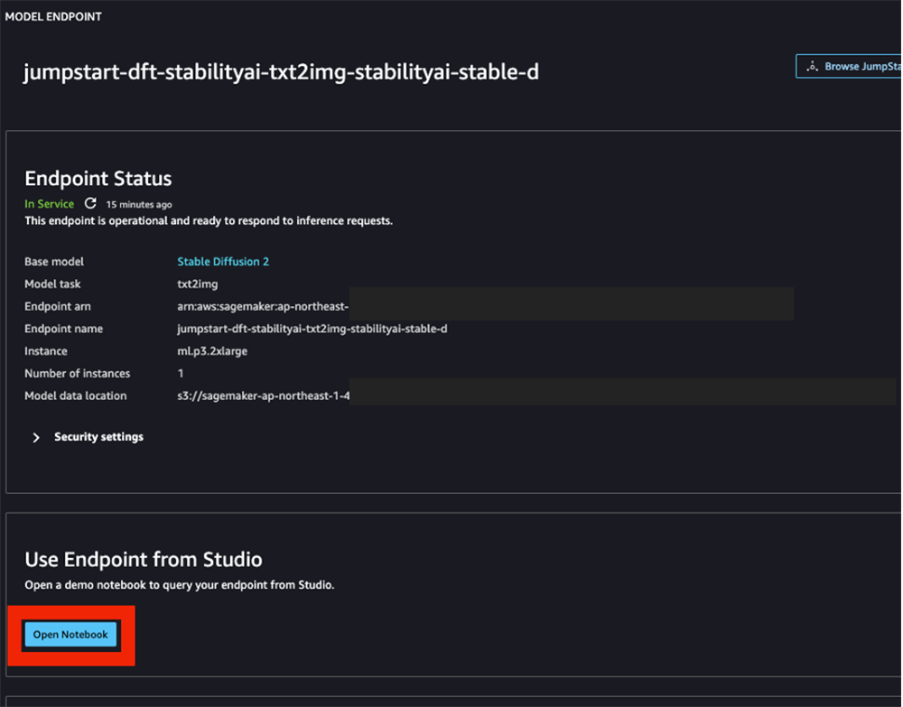 Screenshot of the SageMaker JumpStart dashboard showing the endpoint status for the Stable Diffusion 2 txt2img model, including endpoint details, status, and option to open a demo notebook.