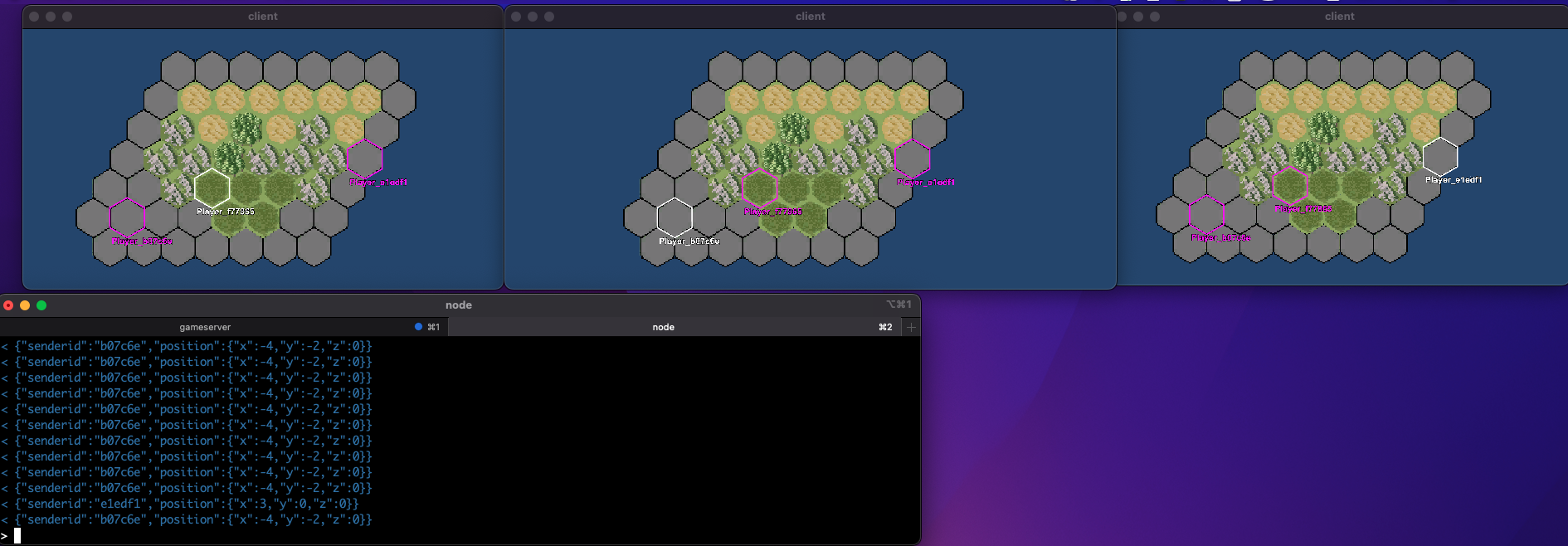 Screenshot showing a multiplayer hex grid game with three client windows displaying different player positions and a server console at the bottom logging player coordinates and interactions in real time.