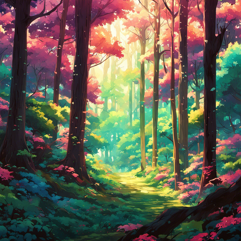 A vibrant, colorful digital illustration of a forest path in spring, with shafts of sunlight illuminating lush greenery and flowering trees in pink, yellow, and blue tones.