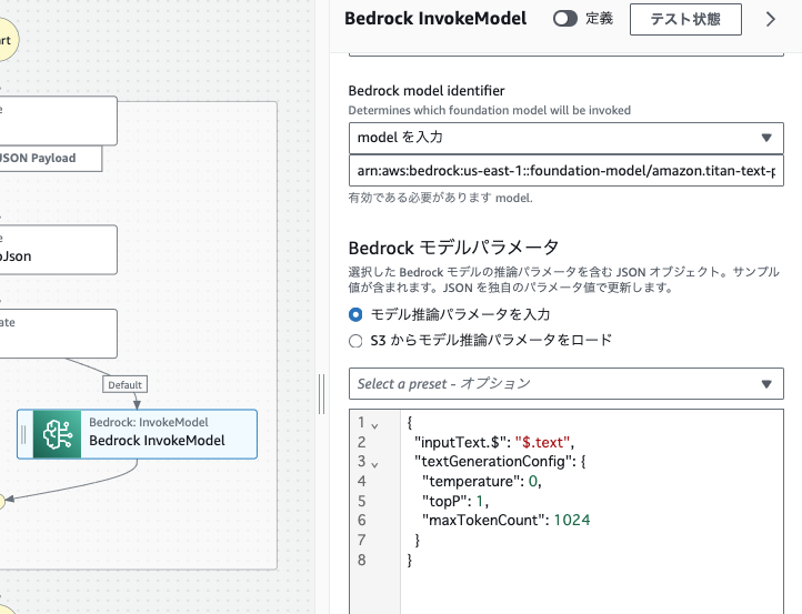 Screenshot showing the parameter settings interface for Bedrock InvokeModel in the AWS Console. The panel displays options to select a model, input a model identifier, and configure model inference parameters for a generative AI chatbot, with sample JSON for text generation settings. The interface is partially in Japanese.