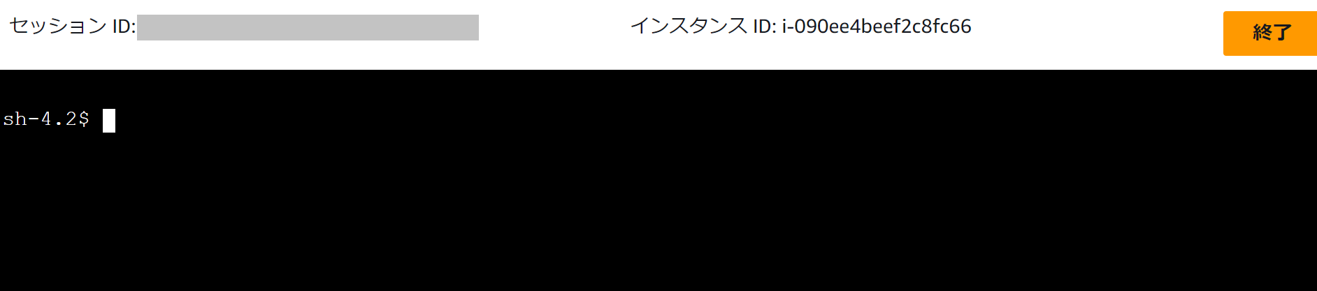 Screenshot of an AWS console terminal session in Japanese, showing a session ID, instance ID, and command prompt.
