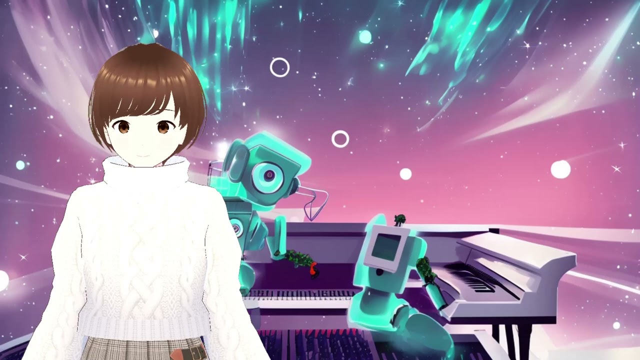An illustrated YouTube thumbnail featuring an anime-style girl in a white sweater, with two robots playing a piano under a vibrant aurora-filled night sky. The scene is colorful and futuristic, combining human and robotic elements in a whimsical, musical setting.