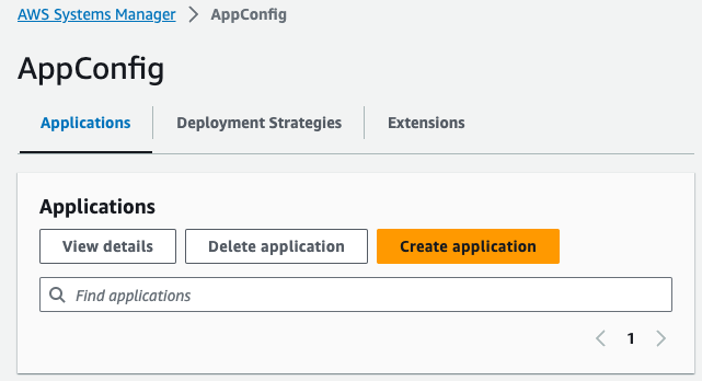 Screenshot of the AWS AppConfig Applications Dashboard in AWS Systems Manager, showing the Applications tab with options to view details, delete application, and create application.