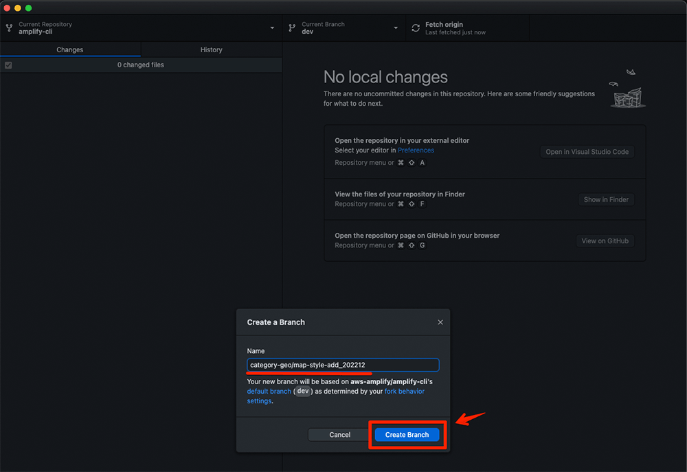Screenshot of the GitHub Desktop application showing the process of creating a new branch called 'category-geo/map-style-add_202212' in the 'amplify-cli' repository, highlighting the 'Create Branch' dialog and action button.