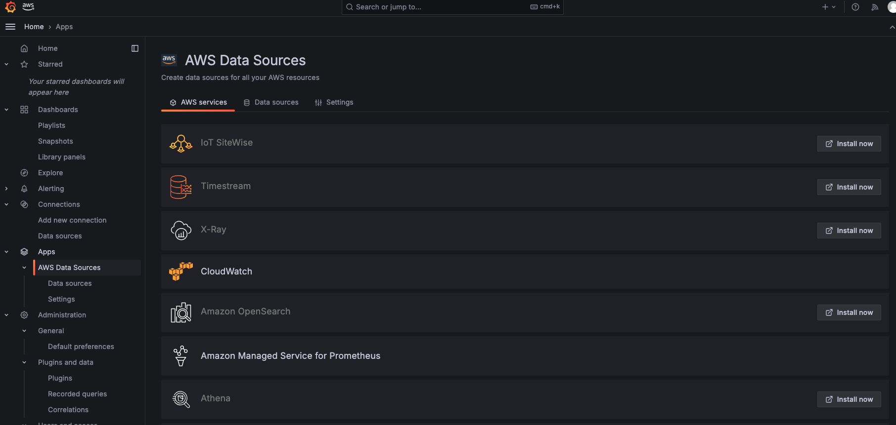Screenshot of the Grafana dashboard showing AWS Data Sources integration, listing various AWS services such as IoT SiteWise, Timestream, X-Ray, CloudWatch, Amazon OpenSearch, Amazon Managed Service for Prometheus, and Athena, with the option to install each as a data source.
