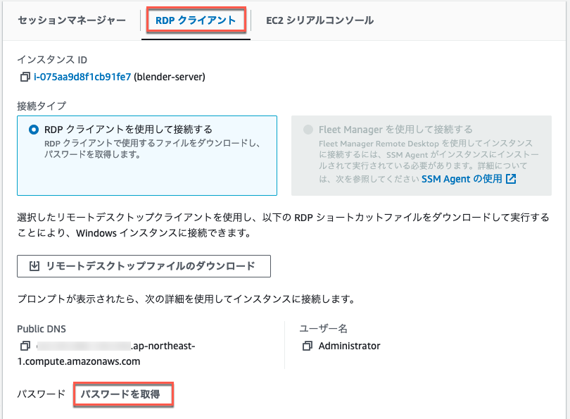 Screenshot of the AWS EC2 console in Japanese, showing the RDP client tab and password retrieval interface for a Windows instance.