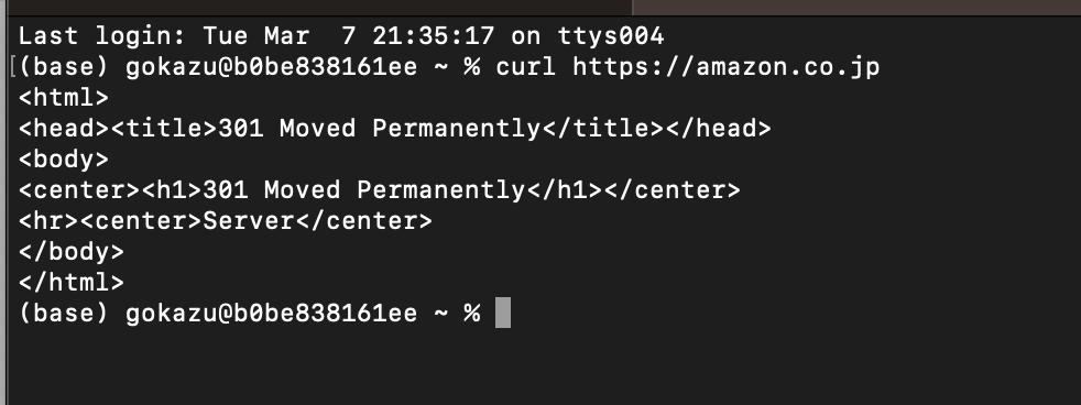 Screenshot of a terminal window where a user runs a curl command to https://amazon.co.jp and receives an HTTP 301 Moved Permanently response, displaying the HTML of the redirect message.