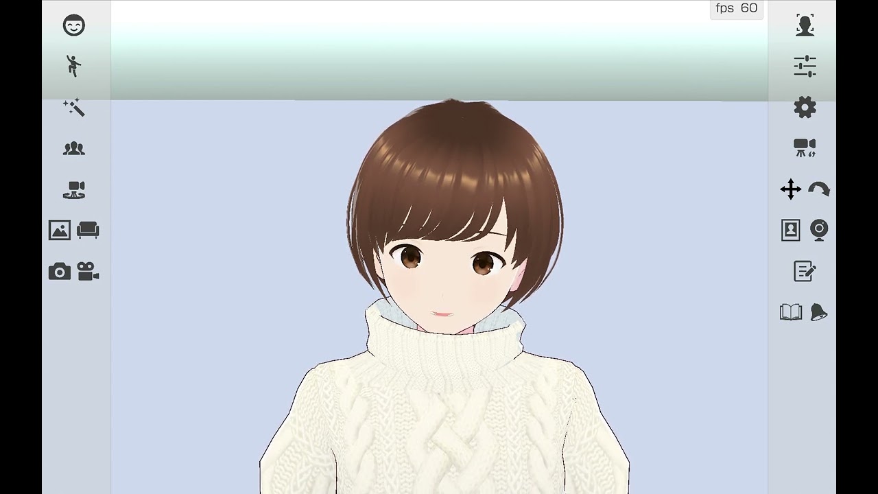 A screenshot of a virtual avatar creation interface showing an anime-style character with short brown hair and a white sweater. The interface displays various tool icons along the sides, indicating customization and editing options for the avatar.