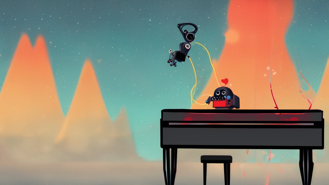 An artistic illustration featuring two cartoon-style robot characters, with one resembling a vtuber, interacting near a grand piano set against a vibrant, stylized mountain landscape under a starry sky.