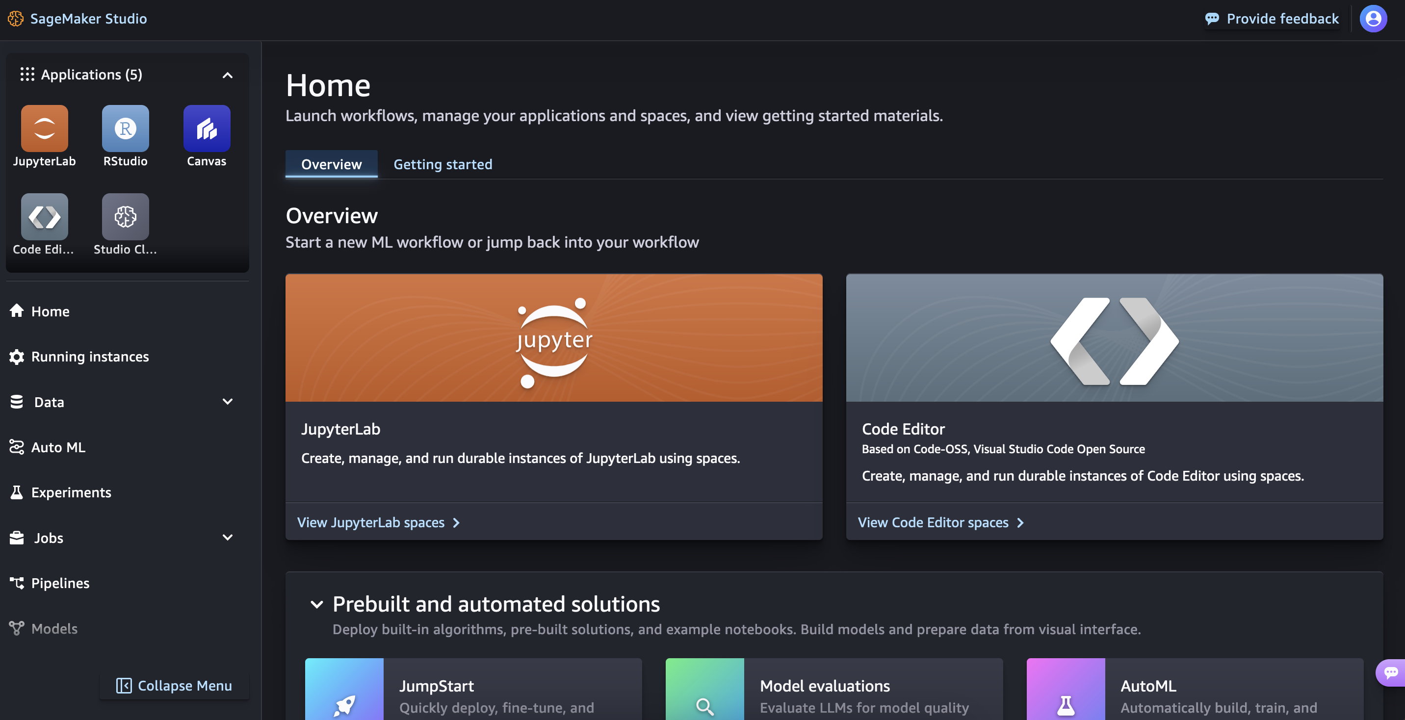 Screenshot of the Amazon SageMaker Studio dashboard highlighting the JupyterLab and Code Editor applications, along with navigation options for data, AutoML, experiments, jobs, and more. The interface displays prebuilt and automated machine learning solutions and examples.