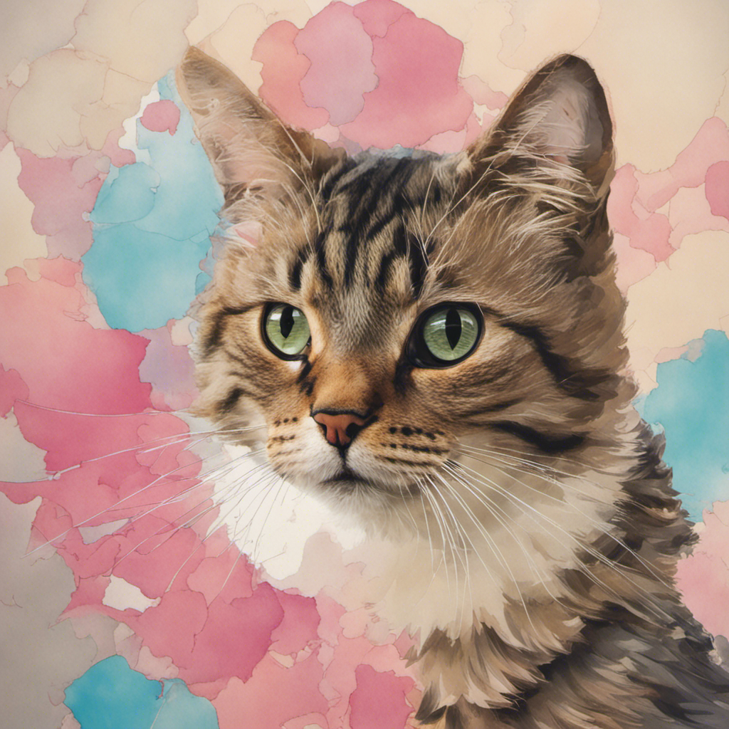 A watercolor illustration of a tabby cat with green eyes, set against a soft pink and blue abstract background.