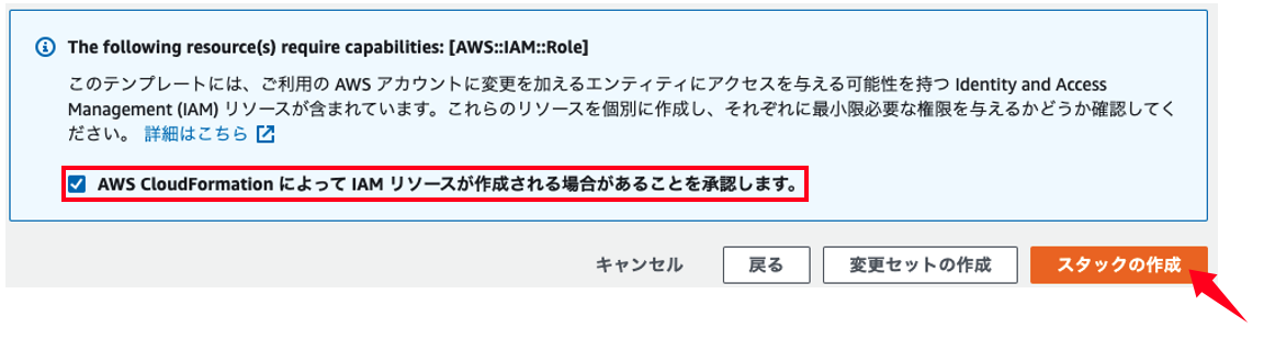 Screenshot showing the AWS CloudFormation confirmation screen for acknowledging creation of IAM resources, with interface text in Japanese and a highlighted checkbox.