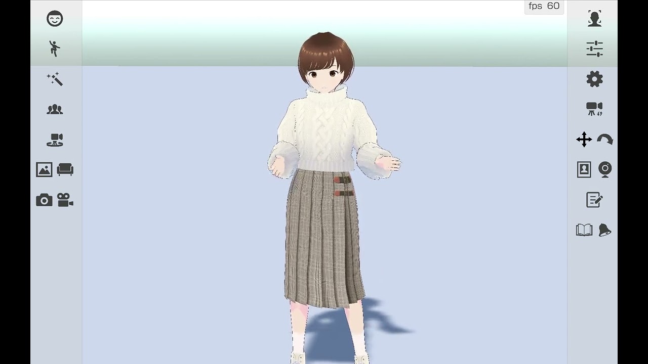 Screenshot of a software interface featuring a 3D anime-style avatar standing and posing, with interface icons displayed along the sides of the screen.