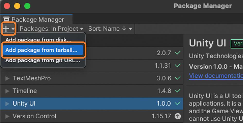 Screenshot of the Unity Package Manager highlighting the 'Add package from tarball...' option in the dropdown menu for adding new packages.