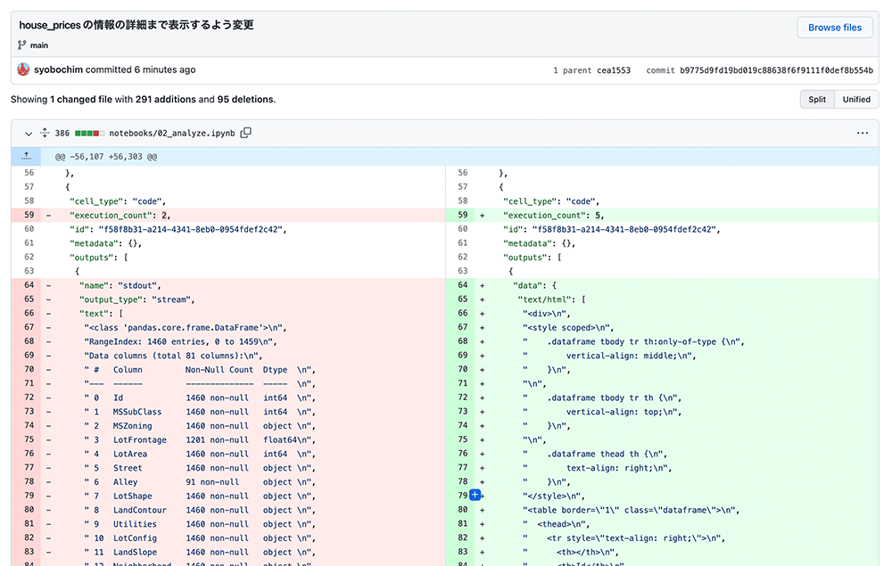 Screenshot of a GitHub interface showing a side-by-side diff view of changes made to a Jupyter notebook for house prices data analysis. The image includes code additions and deletions, table outputs, and Japanese language context in the repository title.