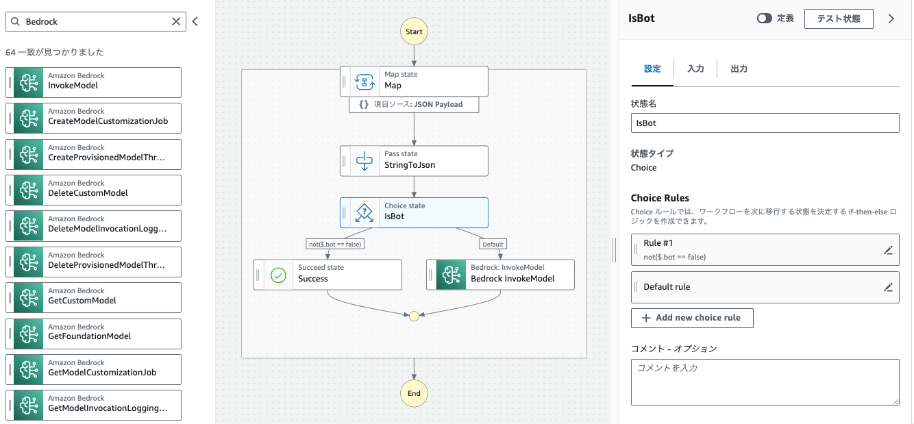 Screenshot of an AWS Step Functions workflow for a generative AI chatbot using Amazon Bedrock, shown in the Japanese UI. The interface displays a workflow diagram and options for Bedrock API actions, with state and choice rules configured in Japanese language.