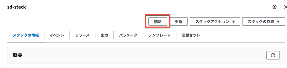 Screenshot of the AWS CloudFormation web console in Japanese, showing the interface for deleting a stack. The 'Delete' button is highlighted in red.