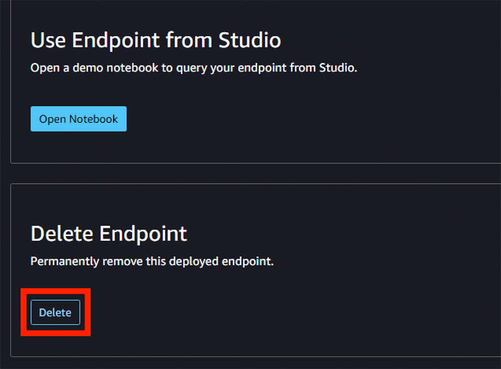 Screenshot showing the interface for deleting an endpoint in Studio, highlighting the 'Delete' button to permanently remove a deployed endpoint.