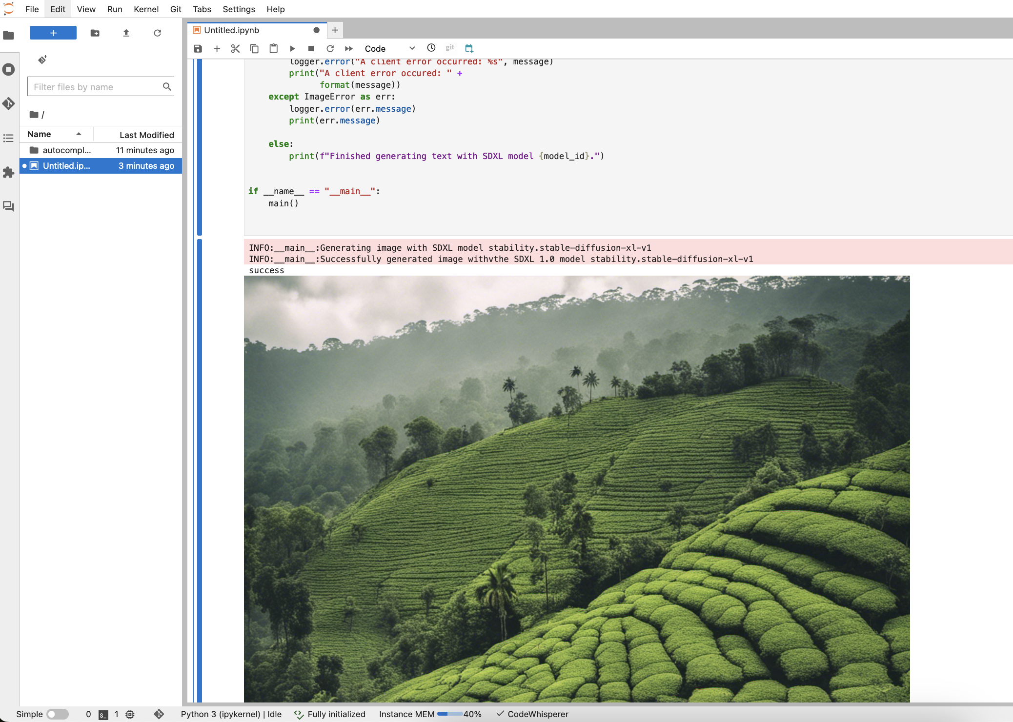 A screenshot of a Jupyter Notebook showing the successful generation of a landscape image using the SDXL (Stable Diffusion XL) model. The lower part of the screenshot features a lush, green tea plantation landscape with rolling hills and trees, while the notebook output above indicates the process and success message for the image generation task.