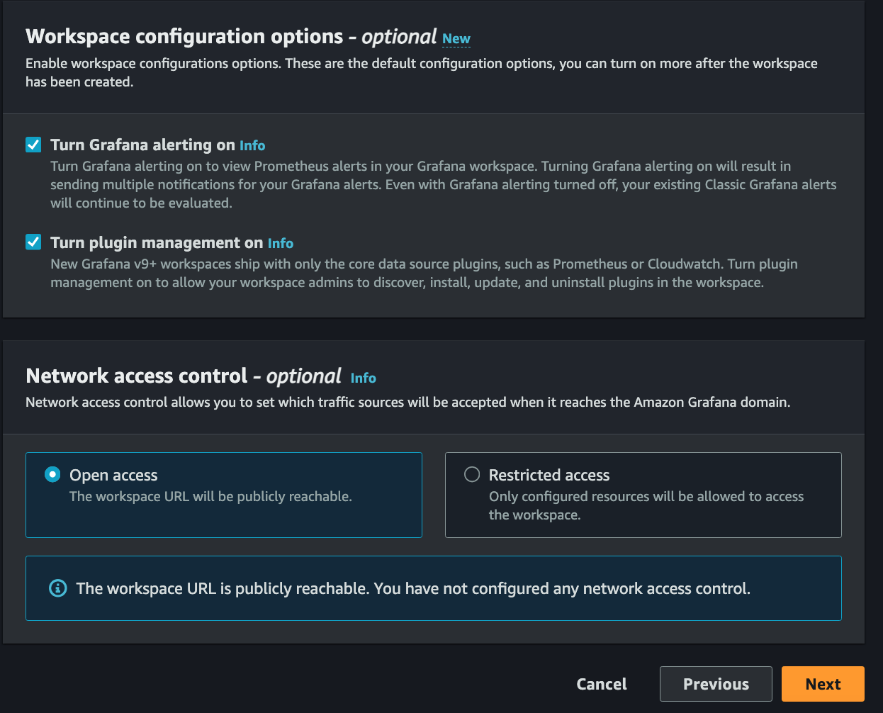 Screenshot of the Amazon Grafana workspace configuration screen showing optional settings for Grafana alerting, plugin management, and network access control options such as open or restricted access.