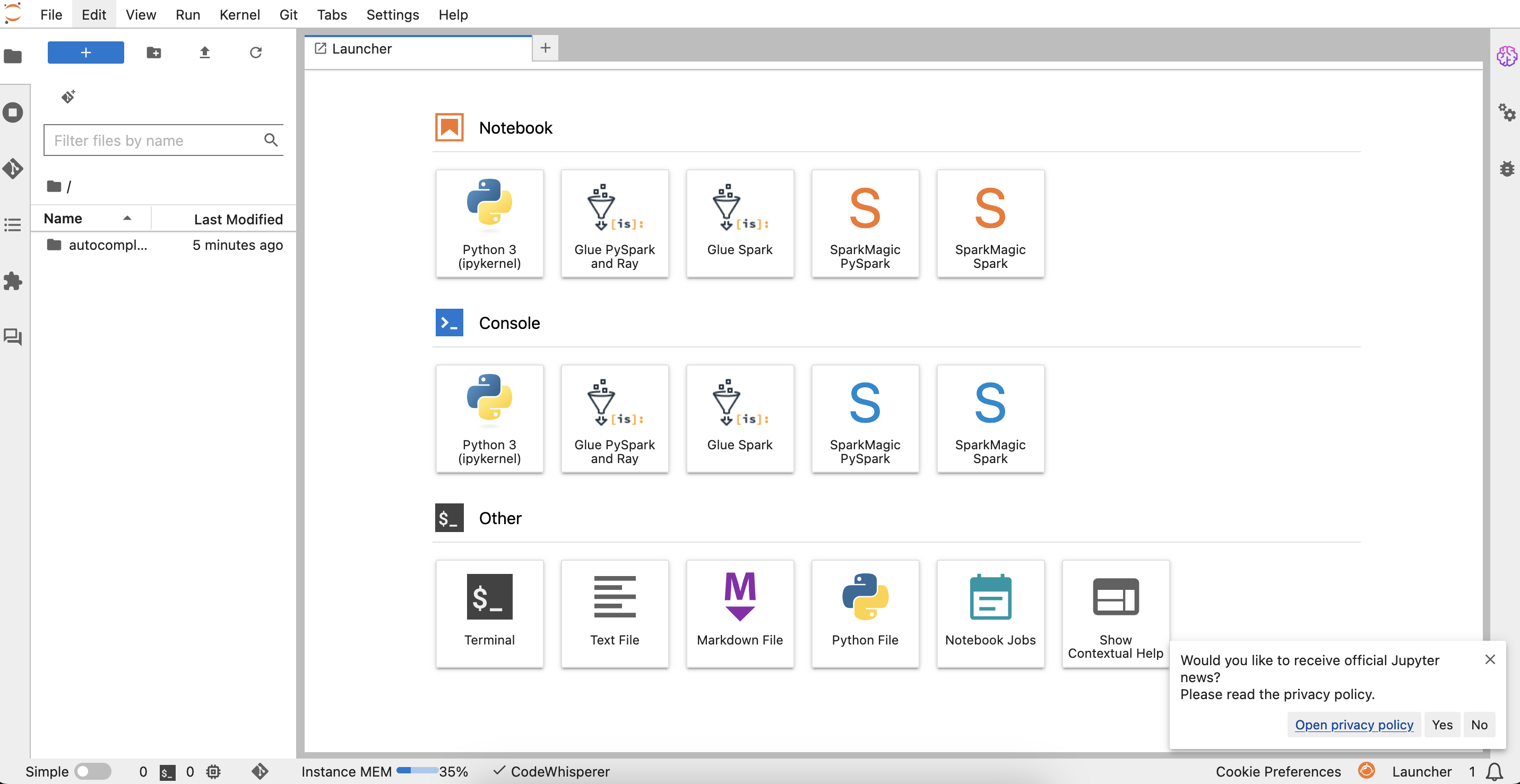 Screenshot of the JupyterLab launcher interface featuring options to start Python 3 (ipykernel), AWS Glue PySpark and Ray, Glue Spark, SparkMagic PySpark, and SparkMagic Spark notebooks and consoles. Additional file creation options such as Terminal, Text File, Markdown File, Python File, and Notebook Jobs are also visible.